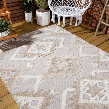 Sumak High-low Pile Neutral Diamond Kilim Area Rug